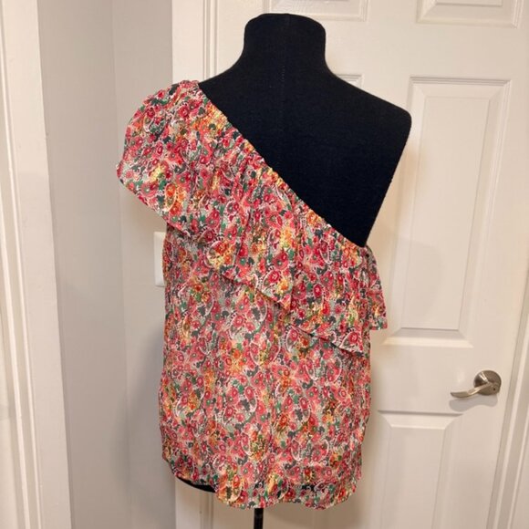 Sezane  Adeline One Shoulder Sleeveless Blouse, Floral Print with Gold Thread - Picture 2 of 4